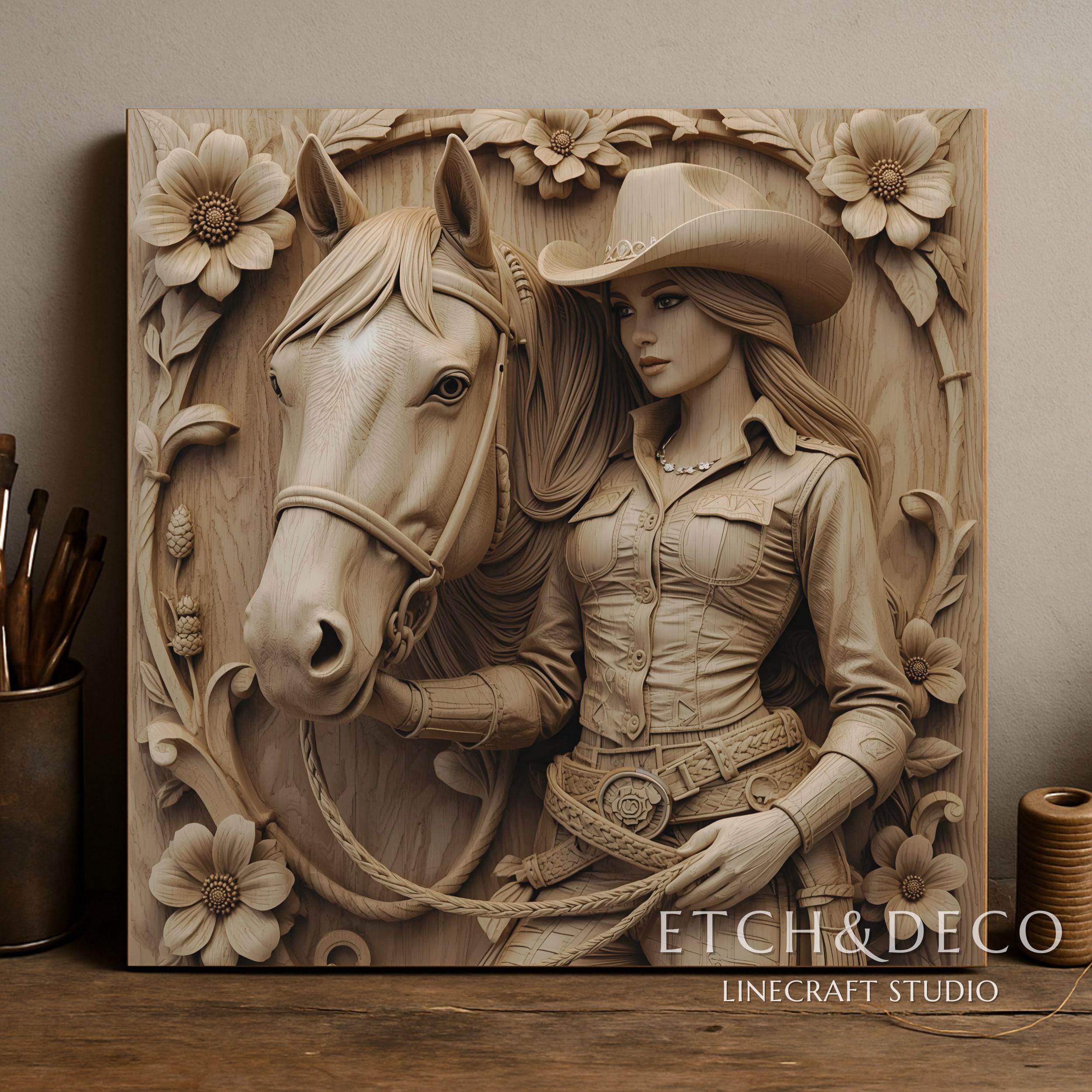 3D Illusion Cowgirl and Horse PNG, File for Wood Laser Engraving, Cnc ...