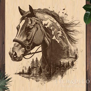 Horse Double Exposure Laser Engraving PNG, Wood Engraving file, Laser Ready File, Glowforge xTool CNC router Lightburn ready, Laser burn PNG image 1