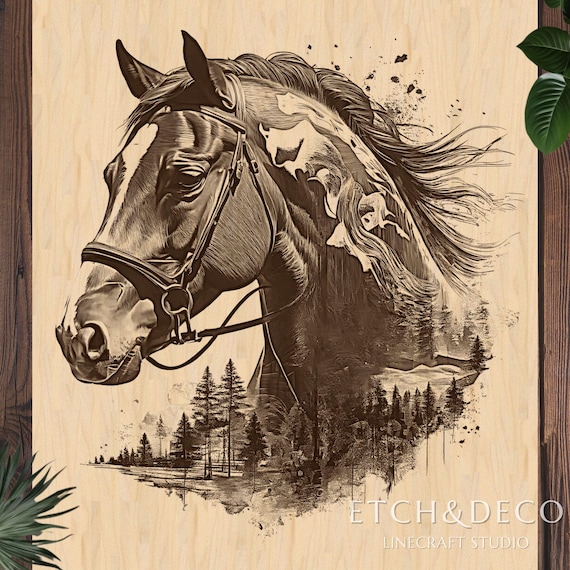 Horse Double Exposure Laser Engraving PNG, Wood Engraving file, Laser Ready File, Glowforge xTool CNC router Lightburn ready, Laser burn PNG