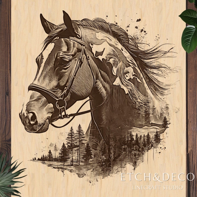 Horse Double Exposure Laser Engraving PNG, Wood Engraving file, Laser Ready File, Glowforge xTool CNC router Lightburn ready, Laser burn PNG image 1