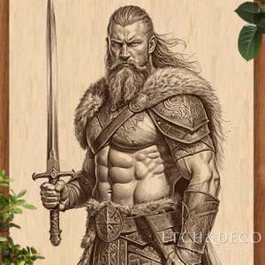 May include: A detailed sepia-toned illustration of a muscular warrior holding a sword. The warrior has a long beard, fur accents, and ornate armor. The image is on a wooden background, with the text "ETCH & DECO" visible.