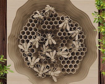 3D Illusion Bees on Honeycomb PNG - Laser Engrave File for Glowforge, LightBurn, xTool - Honey Bee Wood Art, Co2 Diode Laser Burn PNG File