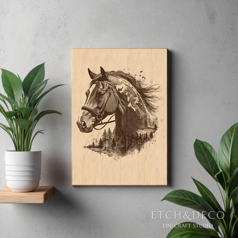 May include: A sepia-toned art print featuring a horse's head in profile, wearing a bridle. The horse's mane and the background incorporate a forest scene. The artwork is displayed on a wooden panel.