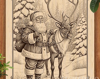 Santa and Reindeer Wood Engraving File, Christmas Laser Burn PNG Design for Glowforge, CNC files for wood, LightBurn Ready Etching File