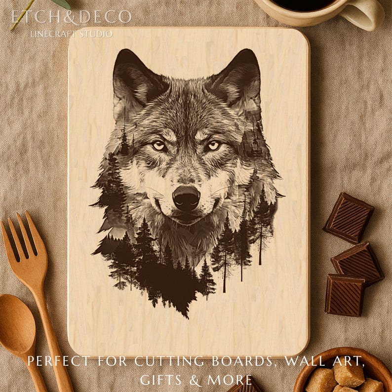 May include: Wooden cutting board with a detailed wolf portrait design. The wolf's face is intricately etched, with a forest scene incorporated into the design. The board has rounded corners and is made of light-colored wood.