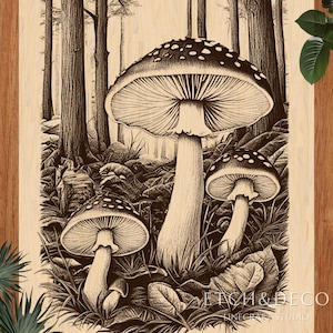 Amanita Mushrooms Laser Engraving File, Woodland Nature PNG for CNC, Rustic Forest Art, Glowforge xTool Ready, Wood Burn Etching
