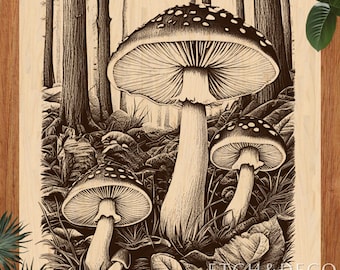 Amanita Mushrooms Laser Engraving File, Woodland Nature PNG for CNC, Rustic Forest Art, Glowforge xTool Ready, Wood Burn Etching PNG files