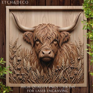 May include: A square wooden panel featuring a relief carving of a Highland cow with long horns, surrounded by carved wheat and flowers. The text ETCH&DECO LINECRAFT STUDIO appears at the top, with HIGH-QUALITY PNGS - 318 DPI FOR LASER ENGRAVING at the bottom.