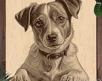 May include: A light-colored wooden plaque featuring a detailed dark brown laser-engraved portrait of a dog with floppy ears, wearing a collar with a heart-shaped tag. The text ETCH & DECO LINECRAFT STUDIO is visible in the bottom right corner.