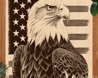 Bald Eagle with USA Flag PNG, Patriotic Laser Engraving File, Wood Burn Art , Glowforge xTool LightBurn CNC Ready, military etching Design
