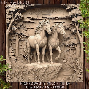 Two Horses Forest Laser Engraving PNG, 3D Illusion Etching File, LightBurn, CNC Horse Scene, Wood Engraving, Glowforge Design, Laser Ready