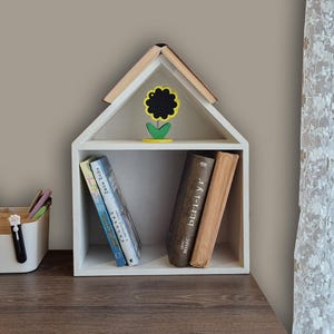 Wooden Book Stand, Desk Organizer, House-Shaped Bookshelf