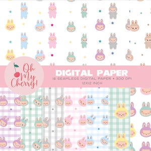 May include: Digital paper set featuring repeating patterns of bunny characters in various pastel colors, including blue, pink, and yellow. The patterns also include stars and gingham designs. The image includes the text "Oh My Cherry!" and "DIGITAL PAPER".