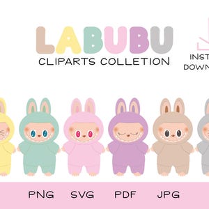 Labubus  characters SVG PDF jpg and PNG bundle 6 pastel color designs for cricut silhouette cameo digital download clipart stickers