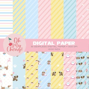 33 Cute Puppy Dog Digital Papers, Seamless Paw Print Backgrounds, Pastel Dog Scrapbook Patterns, Instant Download for Crafts