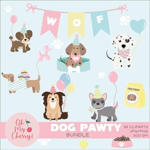 Paw Party Dog-clipartbundel Leuke verjaardagspuppy's met hoeden, ballonnen en cadeaus Pastel Dog Party-illustraties png, jpg, png