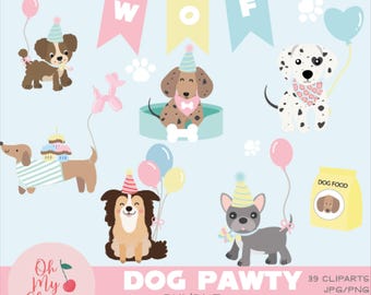 Paw Party Dog Clipart Bundle Cute Birthday Puppies with Hats, Balloons & Gifts  Pastel Dog Party Illustrations PNG, JPG,PNG