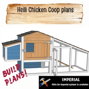 May include: A detailed illustration of chicken coop plans. The coop features a wooden structure with blue and white accents, a gray roof, and an open-air section. Text includes "Heili Chicken Coop plans" and "Build Plans!"