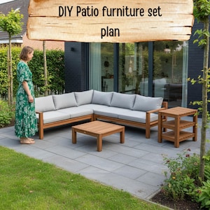 May include: A DIY patio furniture set plan featuring a wooden sectional sofa with light grey cushions, a matching square coffee table, and a small three-tiered side table. The text "DIY Patio furniture set plan" is displayed at the top.