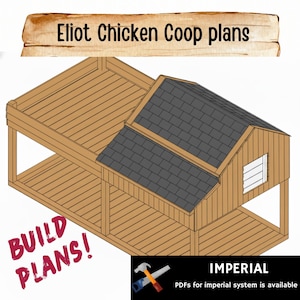 Puede incluir: Ilustración detallada de un gallinero de madera, con un tejado a dos aguas con tejas grises y una pequeña ventana. El diseño incluye múltiples niveles y el texto "Eliot Chicken Coop plans" y "Build Plans!" es visible.