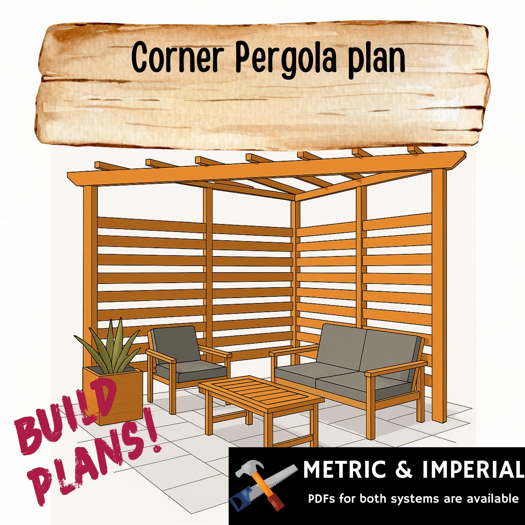Plan de pergola d'angle | Pergola moderne bricolage en forme de L | Structure d'ombrage pour terrasse extérieure | Pergola de jardin en bois - Plans P