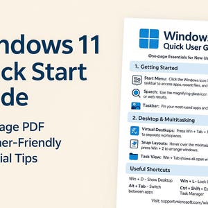 May include: A blue and white Windows 11 Quick Start Guide document with the title "Windows 11 Quick Start Guide" and the subtitle "One-page PDF Beginner-Friendly Essential Tips". The document includes a list of tips for getting started with Windows 11, including how to use the Start Menu, Search, Taskbar, Virtual Desktops, Snap Layouts, and Task View. It also includes a list of useful keyboard shortcuts.