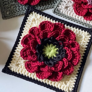 3D Poppy Granny Square Crochet Pattern – Flower Motif Afghan Block PDF Pattern