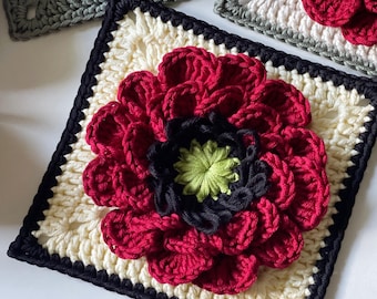 3D Poppy Granny Square Crochet Pattern – Flower Motif Afghan Block PDF Pattern