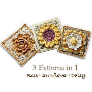 Flower Granny Square Crochet Pattern Bundle: Rose, Daisy, Sunflower (PDF Download)
