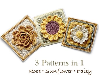 Flower Granny Square Crochet Pattern Bundle: Rose, Daisy, Sunflower (PDF Download)