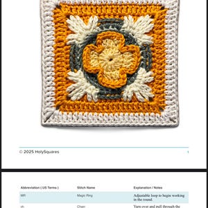 May include: A crocheted Aztec Talisman Square pattern with a square design. The square features a central flower motif in yellow, surrounded by gray and cream-colored elements, all framed by a white border. The text "Hook. Create. Repeat" is also visible.