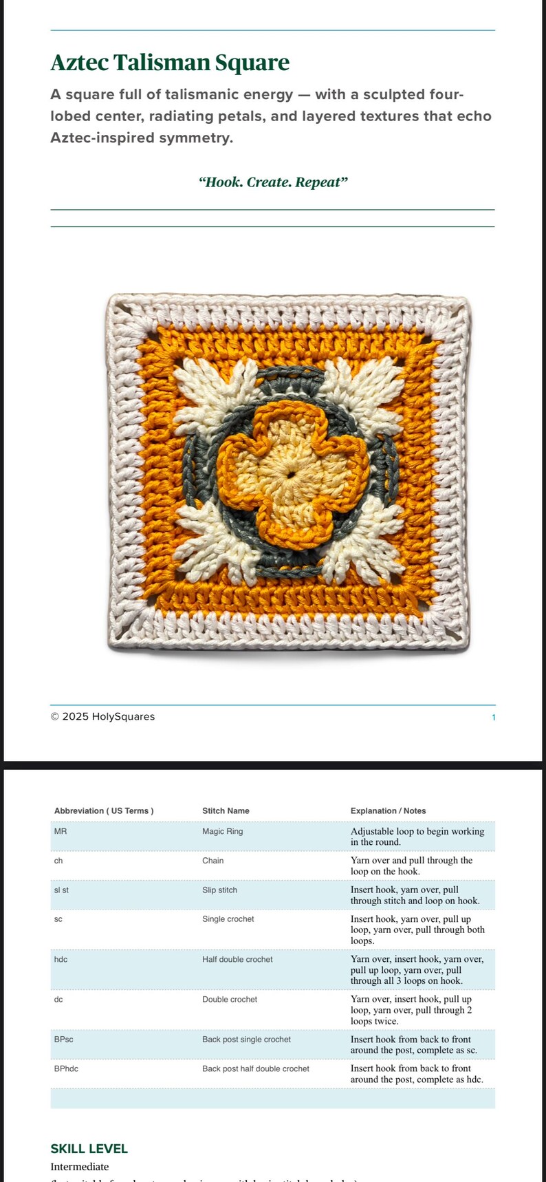 May include: A crocheted Aztec Talisman Square pattern with a square design. The square features a central flower motif in yellow, surrounded by gray and cream-colored elements, all framed by a white border. The text "Hook. Create. Repeat" is also visible.