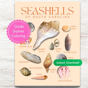 May include: A poster titled "Seashells of South Carolina" features illustrations of various seashells, including the Knobbed Whelk, Scotch Bonnet, and Calico Scallop. The poster includes the text "Guide Games Coloring" and "Instant Download!"
