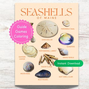 Puede incluir: Un póster titulado "Seashells of Maine" presenta varias conchas marinas, incluyendo un dólar de arena, una ostra y un mejillón. El póster incluye el texto "Guide Games Coloring" y "Instant Download". El fondo es de color beige claro.