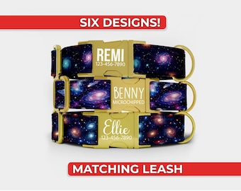 Galaxy Dog Collar, Personalized Space Dog Collar w/ Name And Matching Leash, Metal Engraved Buckle, Adjustable in Small through Extra Large