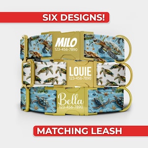 May include: Three dog collars with gold buckles and sea turtle patterns. Each collar has a different name and phone number printed on it. The top collar says "Milo", the middle collar says "Louie", and the bottom collar says "Bella". The text "SIX DESIGNS!" is at the top.