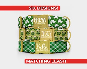 May include: Three personalised dog collars with gold-coloured buckles. The top collar has a white shamrock pattern on a green background. The middle collar features beer mugs. The bottom collar has a green and white plaid pattern. Text on the collars includes names and phone numbers.