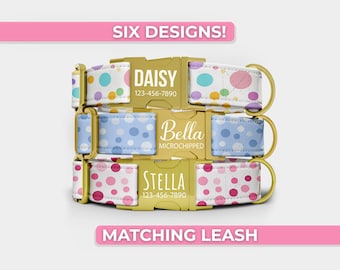 Polka Dot Dog Collar, Personalized Dog Collar With Name And Matching Leash, Metal Engraved Buckle, Adjustable In Small through Extra Large