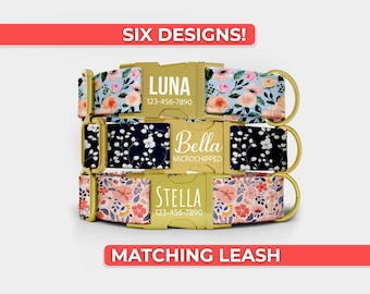 Floral Dog Collar, Personalized Girl Dog Collar With Name And Matching Leash, Metal Engraved Buckle, Adjustable in Small through Extra Large