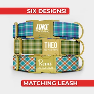 May include: Three stacked pet collars featuring plaid patterns in blue, green, and orange with gold-tone metal buckles. Each buckle is engraved with a name and phone number: LUKE 123-456-7890, THEO 123-456-7890, and Remi 123-456-7890. Text reads SIX DESIGNS!