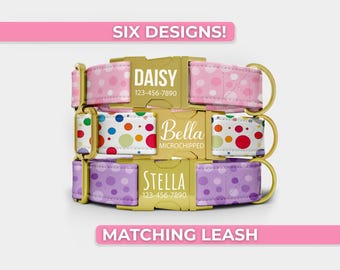 Polka Dot Dog Collar, Personalized Dog Collar With Name And Matching Leash, Metal Engraved Buckle, Adjustable In Small through Extra Large