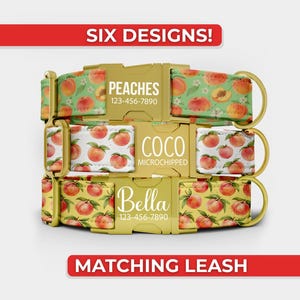May include: Three dog collars with peach patterns and gold-colored hardware. Each collar features a different name: Peaches, Coco, and Bella, along with a phone number. The image includes the text "SIX DESIGNS!" and "MATCHING LEASH".