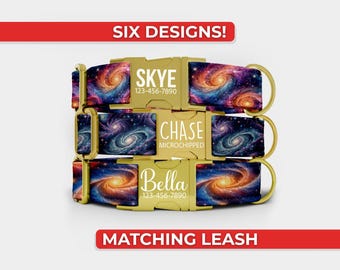Galaxy Dog Collar, Personalized Space Dog Collar w/ Name And Matching Leash, Metal Engraved Buckle, Adjustable in Small through Extra Large