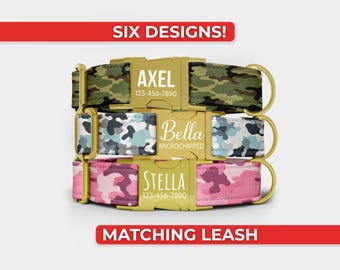 Camo Dog Collar, Personalized Dog Collar With Name And Matching Leash, Metal Engraved Buckle, Adjustable In Small through Extra Large