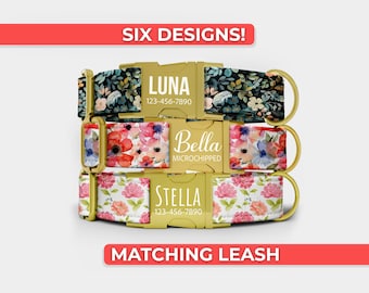Floral Dog Collar, Personalized Girl Dog Collar With Name And Matching Leash, Metal Engraved Buckle, Adjustable in Small through Extra Large