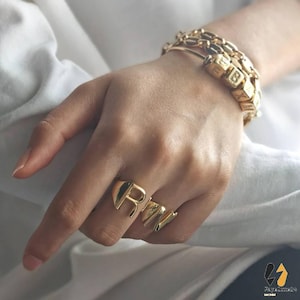 Anel inicial ajustável dourado com letras A–Z para mulheres – Joia com nome vazado da moda – Anel feminino para casamento