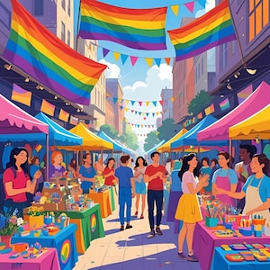 May include: Illustration of a vibrant street fair with rainbow flags and colorful vendor stalls. People are gathered, browsing and interacting. The scene is set under a bright blue sky, creating a festive atmosphere.