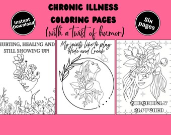 Petals & Punchlines – Chronische Krankheiten Malseiten |  Druckbares 6er Set | PDF Digitaler Download