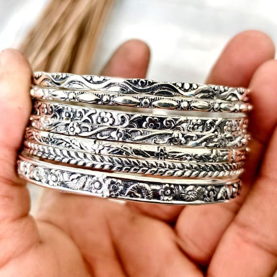 Handmade Sterling Silver Floral Bangle Set of 7 - Etsy