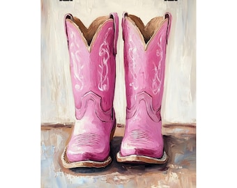 Póster con impresión giclée de botas vaqueras rosas, decoración de pared para el hogar, temática del oeste, arte de pared rosa, póster del oeste, regalo para ella